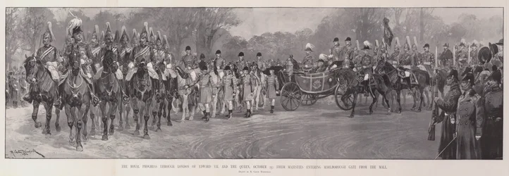 Il progresso reale attraverso Londra di Edoardo VII e la Regina, 25 ottobre, le loro Maestà entrando a Marlborough Gate dal Mall